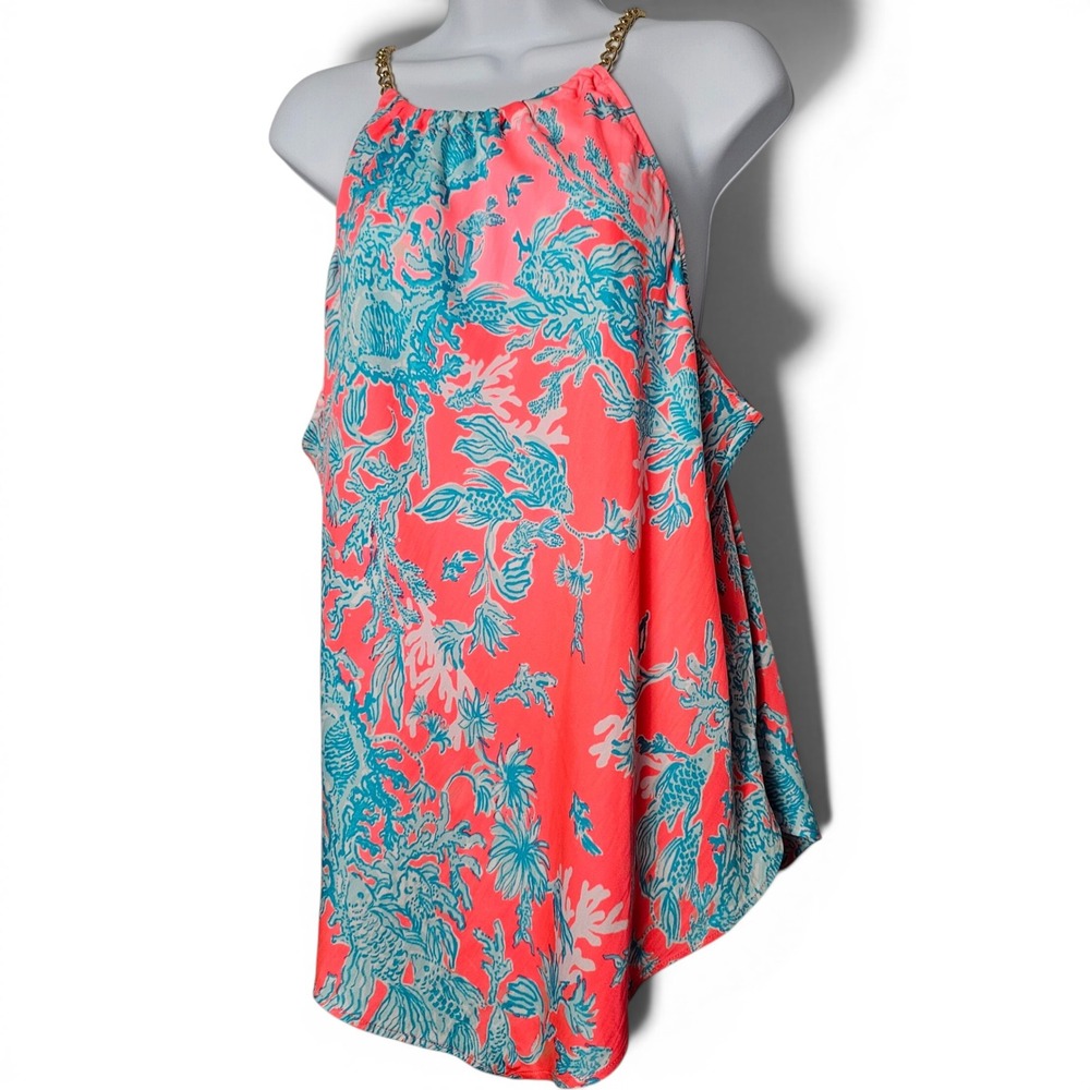 Lilly Pulitzer Bowen Halter Women XL Pink Teal Gold Chain Tropical Coral Resort